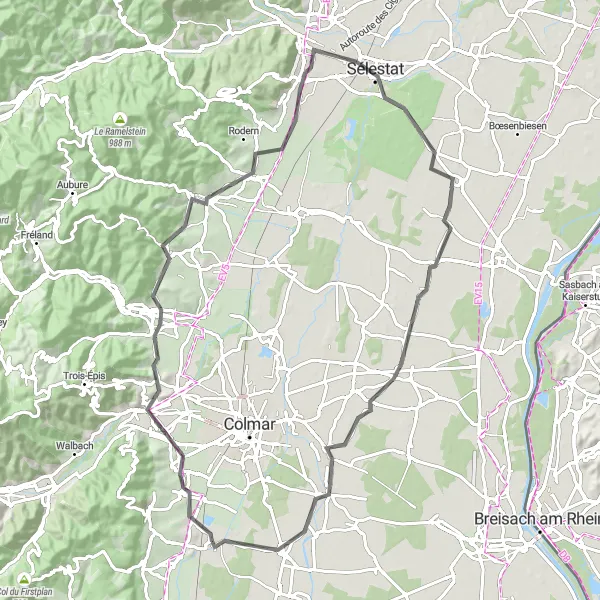 Miniature de la carte de l'inspiration cycliste "Balade à travers les vignobles alsaciens" dans la Alsace, France. Générée par le planificateur d'itinéraire cycliste Tarmacs.app