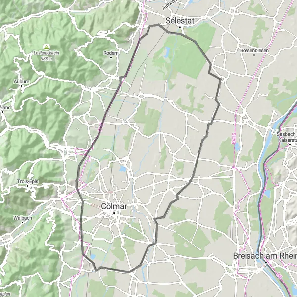 Miniature de la carte de l'inspiration cycliste "Parcours à travers les vignobles d'Alsace" dans la Alsace, France. Générée par le planificateur d'itinéraire cycliste Tarmacs.app