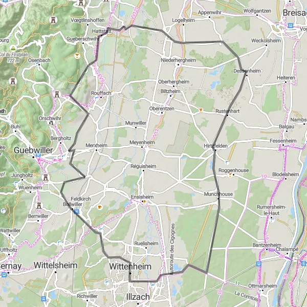 Miniature de la carte de l'inspiration cycliste "Parcours historique de l'Alsace" dans la Alsace, France. Générée par le planificateur d'itinéraire cycliste Tarmacs.app