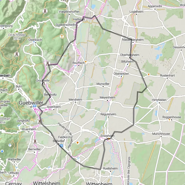 Map miniature of "Ensisheim Explorer" cycling inspiration in Alsace, France. Generated by Tarmacs.app cycling route planner