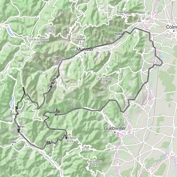 Miniature de la carte de l'inspiration cycliste "Ascension des Alpes vosgiennes" dans la Alsace, France. Générée par le planificateur d'itinéraire cycliste Tarmacs.app