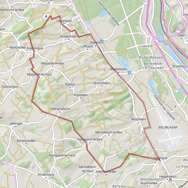 Miniature de la carte de l'inspiration cycliste "Circuit de gravel entre Hésingue et Blotzheim" dans la Alsace, France. Générée par le planificateur d'itinéraire cycliste Tarmacs.app