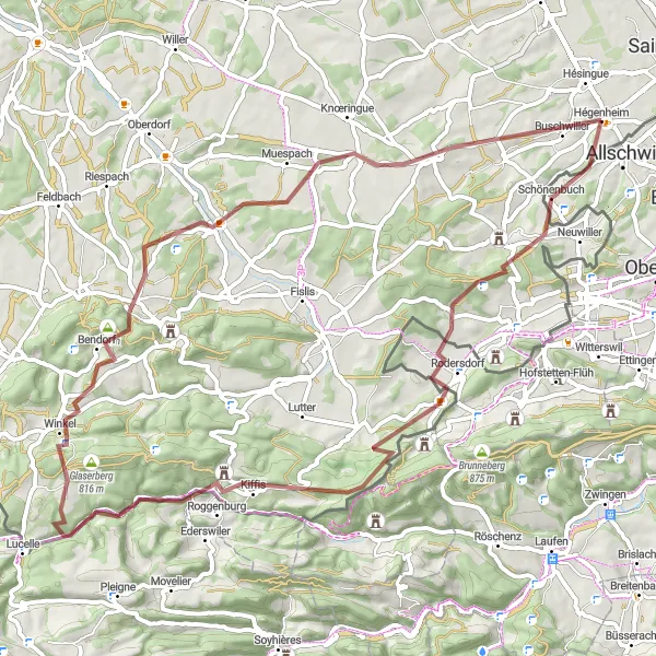 Map miniature of "Gravel Adventure through Hésingue and Muespach-le-Haut" cycling inspiration in Alsace, France. Generated by Tarmacs.app cycling route planner