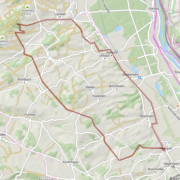 Map miniature of "Gravel Adventure through Hélsingue and Blotzheim" cycling inspiration in Alsace, France. Generated by Tarmacs.app cycling route planner