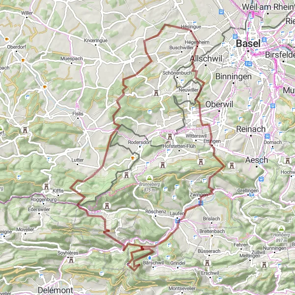 Map miniature of "The Gravel Trail to Zwingen" cycling inspiration in Alsace, France. Generated by Tarmacs.app cycling route planner