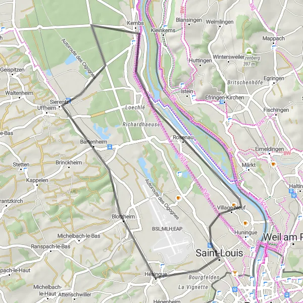 Map miniature of "Scenic Road Cycling Loop from Hésingue to Village-Neuf" cycling inspiration in Alsace, France. Generated by Tarmacs.app cycling route planner