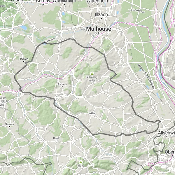 Miniature de la carte de l'inspiration cycliste "Tour de Hésingue Road" dans la Alsace, France. Générée par le planificateur d'itinéraire cycliste Tarmacs.app