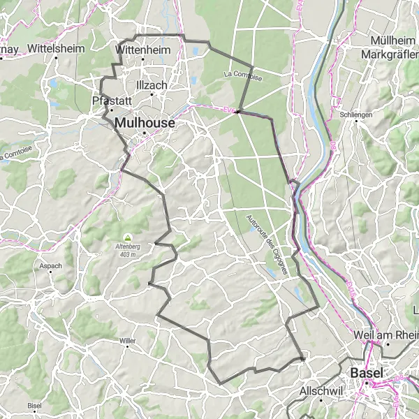 Map miniature of "Road Cycling Journey from Hésingue to Blotzheim and Niffer" cycling inspiration in Alsace, France. Generated by Tarmacs.app cycling route planner