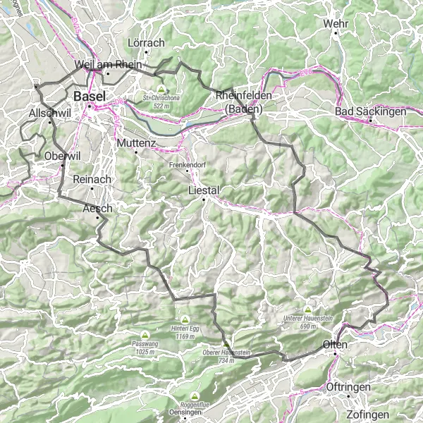 Miniature de la carte de l'inspiration cycliste "Boucle cycliste sur routes entre Hésingue et Aesch" dans la Alsace, France. Générée par le planificateur d'itinéraire cycliste Tarmacs.app
