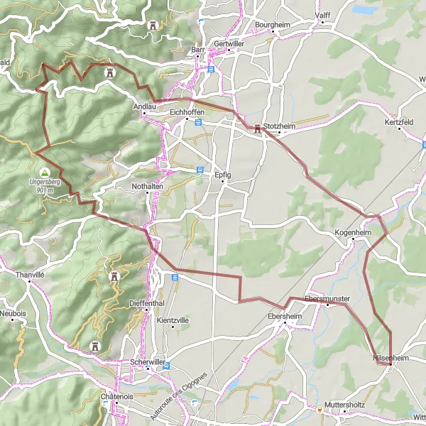 Miniature de la carte de l'inspiration cycliste "Circuit à Vélo Gravel Campagnard près de Hilsenheim" dans la Alsace, France. Générée par le planificateur d'itinéraire cycliste Tarmacs.app