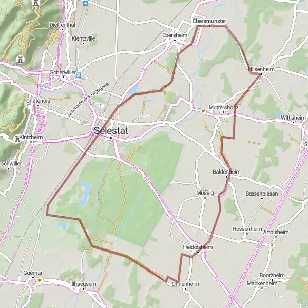 Miniature de la carte de l'inspiration cycliste "Boucle VTT Découverte près de Hilsenheim" dans la Alsace, France. Générée par le planificateur d'itinéraire cycliste Tarmacs.app