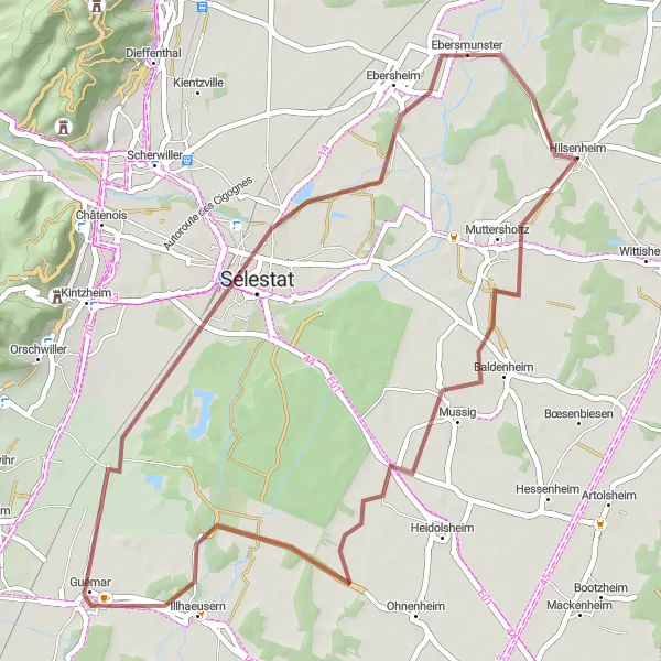 Map miniature of "Scenic Gravel Adventure" cycling inspiration in Alsace, France. Generated by Tarmacs.app cycling route planner