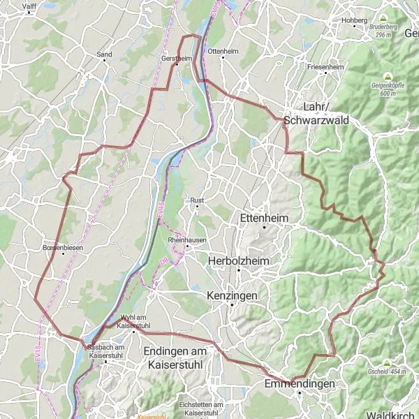 Map miniature of "Hilsenheim - Challenging Gravel Route" cycling inspiration in Alsace, France. Generated by Tarmacs.app cycling route planner