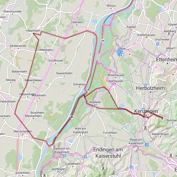 Map miniature of "The Rhine Valley Escape" cycling inspiration in Alsace, France. Generated by Tarmacs.app cycling route planner