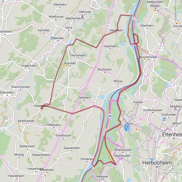 Map miniature of "Gravel Adventure through the Rhine Plains" cycling inspiration in Alsace, France. Generated by Tarmacs.app cycling route planner