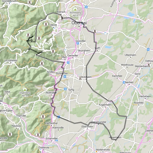 Miniature de la carte de l'inspiration cycliste "Le Tour des Vignobles" dans la Alsace, France. Générée par le planificateur d'itinéraire cycliste Tarmacs.app