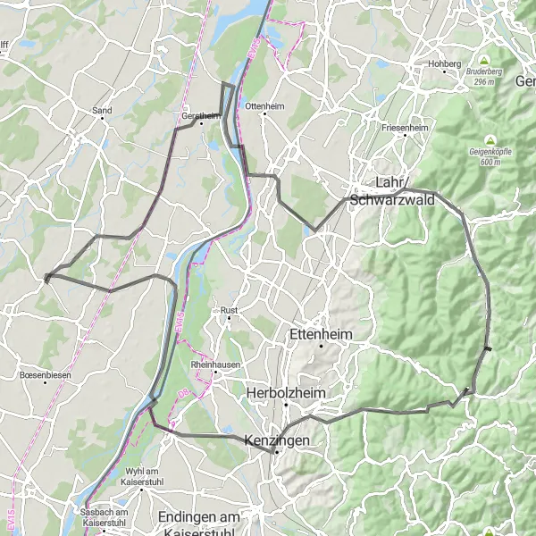Map miniature of "Hilsenheim - Road Route" cycling inspiration in Alsace, France. Generated by Tarmacs.app cycling route planner
