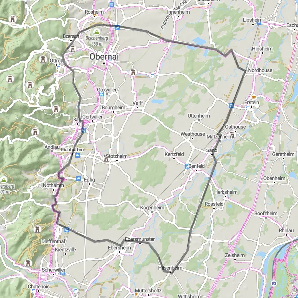 Miniature de la carte de l'inspiration cycliste "La Route des Collines" dans la Alsace, France. Générée par le planificateur d'itinéraire cycliste Tarmacs.app