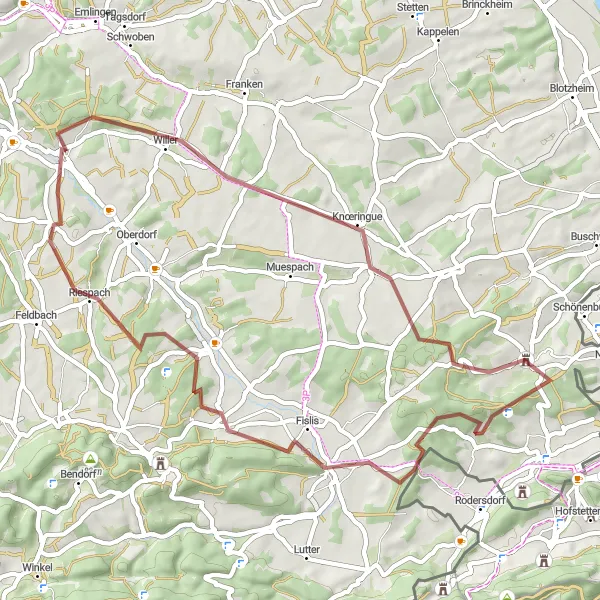 Map miniature of "Alsace Gravel Adventure" cycling inspiration in Alsace, France. Generated by Tarmacs.app cycling route planner