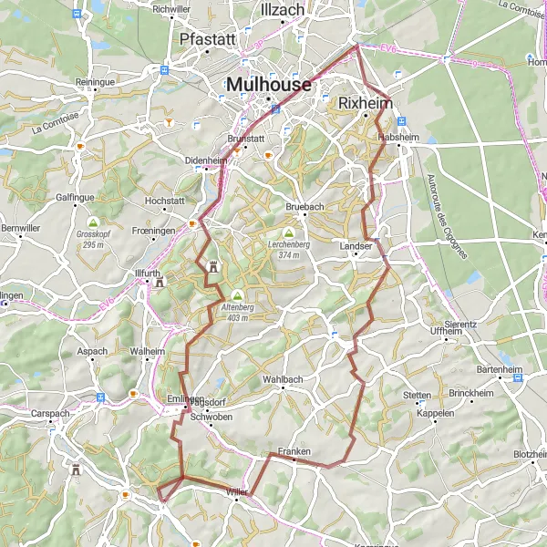 Miniature de la carte de l'inspiration cycliste "Les panoramas sur Mulhouse" dans la Alsace, France. Générée par le planificateur d'itinéraire cycliste Tarmacs.app