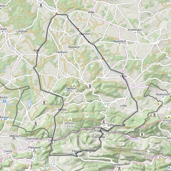 Miniature de la carte de l'inspiration cycliste "Les collines verdoyantes du Jura alsacien" dans la Alsace, France. Générée par le planificateur d'itinéraire cycliste Tarmacs.app