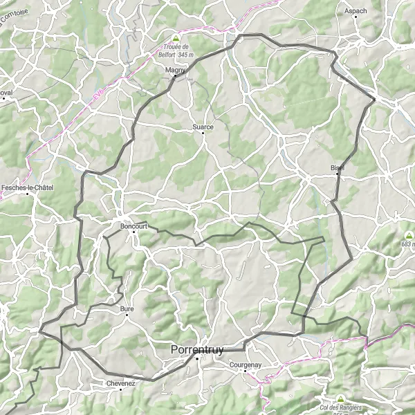 Map miniature of "The Scenic Route" cycling inspiration in Alsace, France. Generated by Tarmacs.app cycling route planner