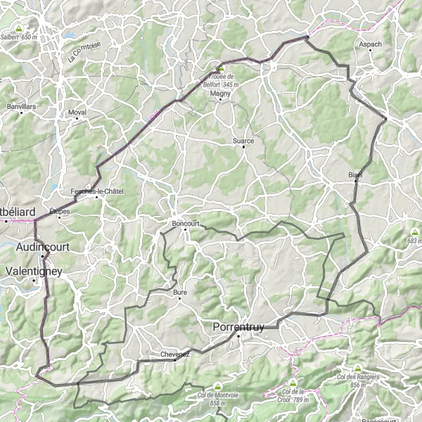 Miniature de la carte de l'inspiration cycliste "Découverte des trésors du Jura" dans la Alsace, France. Générée par le planificateur d'itinéraire cycliste Tarmacs.app