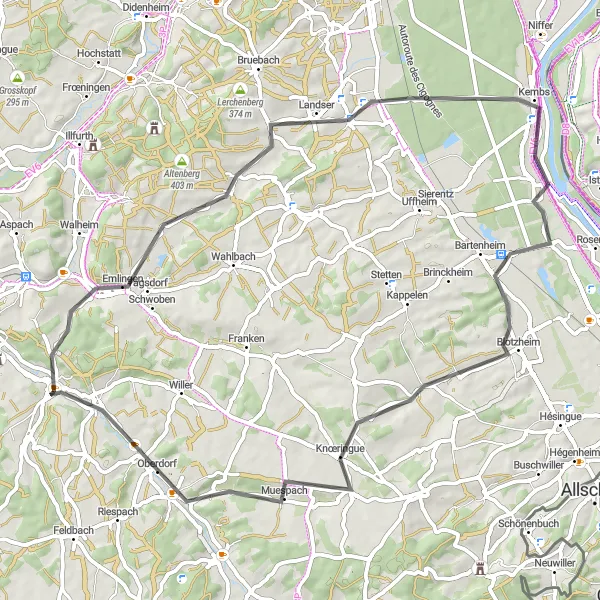 Miniature de la carte de l'inspiration cycliste "Exploration des villages alentours" dans la Alsace, France. Générée par le planificateur d'itinéraire cycliste Tarmacs.app