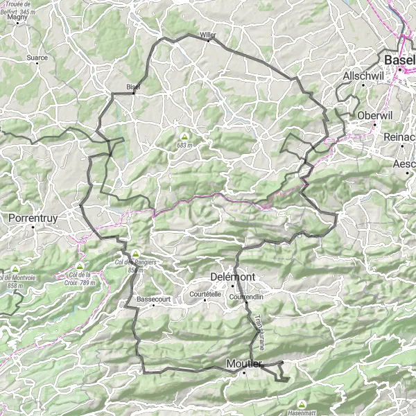 Miniature de la carte de l'inspiration cycliste "Parcours à travers les montagnes jurassiennes" dans la Alsace, France. Générée par le planificateur d'itinéraire cycliste Tarmacs.app