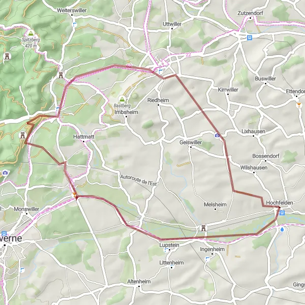 Map miniature of "Scenic Gravel Route through Steinbourg" cycling inspiration in Alsace, France. Generated by Tarmacs.app cycling route planner