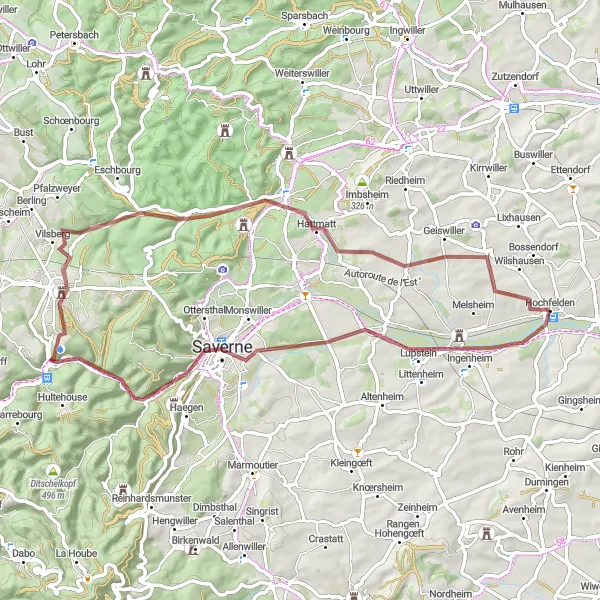 Miniature de la carte de l'inspiration cycliste "Boucle des Rochers" dans la Alsace, France. Générée par le planificateur d'itinéraire cycliste Tarmacs.app