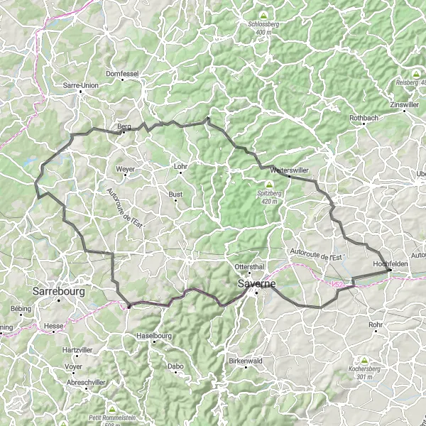 Map miniature of "Challenging Road Cycling Route with Spectacular Views" cycling inspiration in Alsace, France. Generated by Tarmacs.app cycling route planner