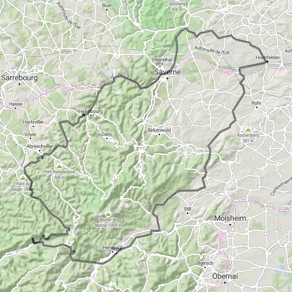 Miniature de la carte de l'inspiration cycliste "La Route des Vosges" dans la Alsace, France. Générée par le planificateur d'itinéraire cycliste Tarmacs.app