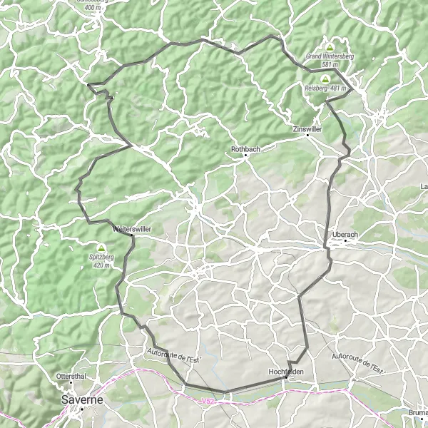 Miniature de la carte de l'inspiration cycliste "La Boucle Dossenheim-sur-Zinsel - Alteckendorf" dans la Alsace, France. Générée par le planificateur d'itinéraire cycliste Tarmacs.app