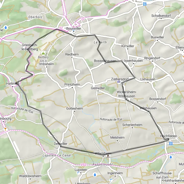 Map miniature of "Scenic Road to Wilshausen" cycling inspiration in Alsace, France. Generated by Tarmacs.app cycling route planner