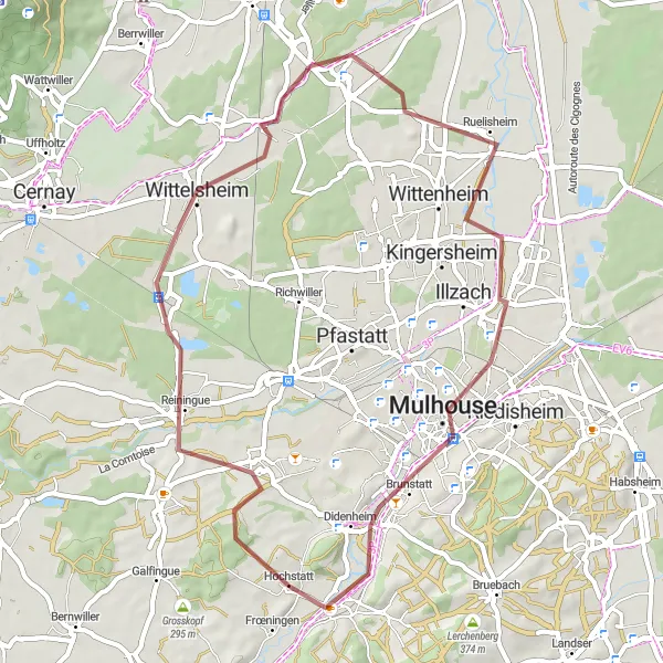 Miniature de la carte de l'inspiration cycliste "Bucolique Balade dans la Campagne" dans la Alsace, France. Générée par le planificateur d'itinéraire cycliste Tarmacs.app