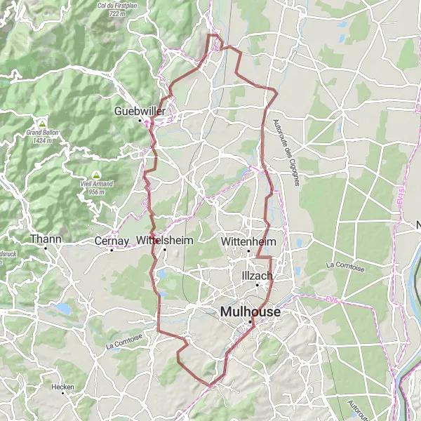 Miniature de la carte de l'inspiration cycliste "Boucle de Mulhouse et environ" dans la Alsace, France. Générée par le planificateur d'itinéraire cycliste Tarmacs.app