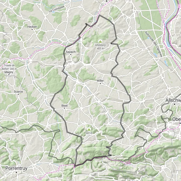 Map miniature of "The Hidden Gems of Southern Alsace" cycling inspiration in Alsace, France. Generated by Tarmacs.app cycling route planner