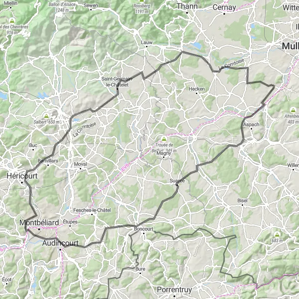 Miniature de la carte de l'inspiration cycliste "Escapade cycliste entre Carspach et Galfingue" dans la Alsace, France. Générée par le planificateur d'itinéraire cycliste Tarmacs.app