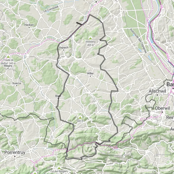 Map miniature of "The Alsace Epic Challenge" cycling inspiration in Alsace, France. Generated by Tarmacs.app cycling route planner