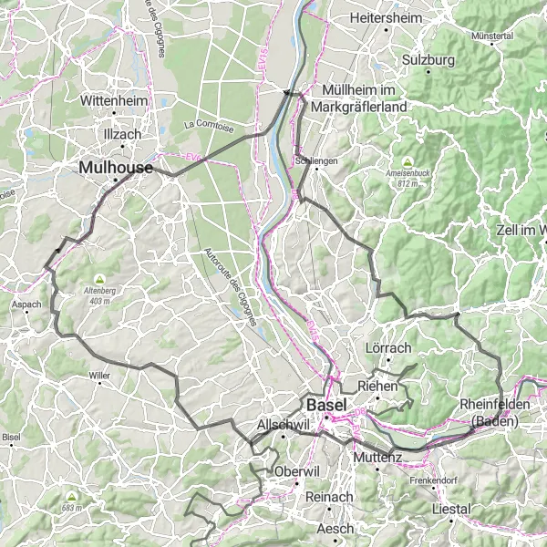 Map miniature of "Mulhouse and Beyond" cycling inspiration in Alsace, France. Generated by Tarmacs.app cycling route planner