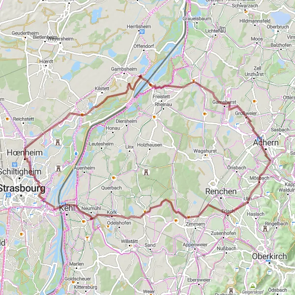 Miniature de la carte de l'inspiration cycliste "Exploration gravelleuse de l'Est" dans la Alsace, France. Générée par le planificateur d'itinéraire cycliste Tarmacs.app