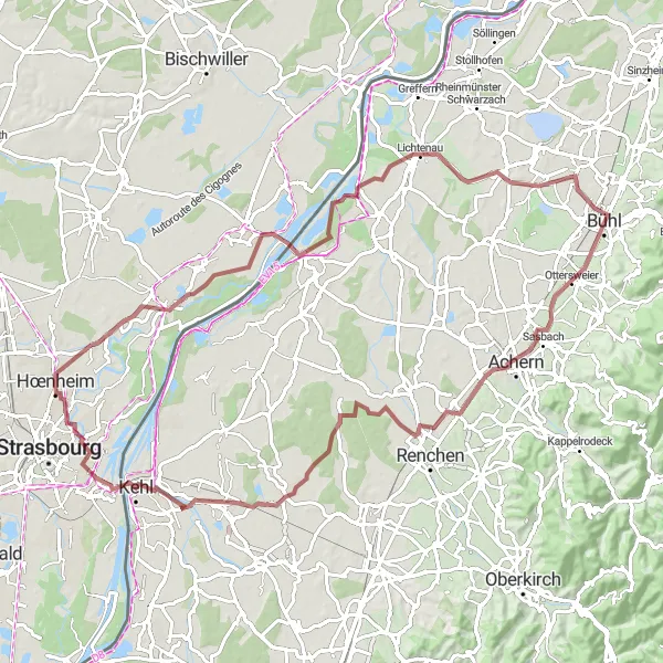 Miniature de la carte de l'inspiration cycliste "Randonnée gravelleuse en Alsace" dans la Alsace, France. Générée par le planificateur d'itinéraire cycliste Tarmacs.app