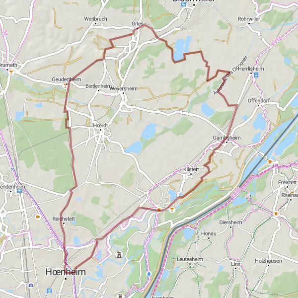 Miniature de la carte de l'inspiration cycliste "Parcours gravel à partir de Hœnheim" dans la Alsace, France. Générée par le planificateur d'itinéraire cycliste Tarmacs.app