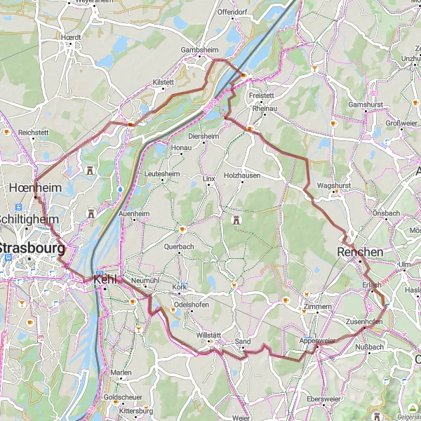 Miniature de la carte de l'inspiration cycliste "Boucle gravel vers Bischheim" dans la Alsace, France. Générée par le planificateur d'itinéraire cycliste Tarmacs.app