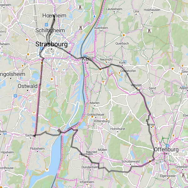 Miniature de la carte de l'inspiration cycliste "Aventure cycliste à Strasbourg" dans la Alsace, France. Générée par le planificateur d'itinéraire cycliste Tarmacs.app