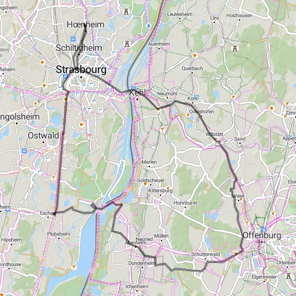 Map miniature of "Strasbourg and La Petite France Road Cycling Route" cycling inspiration in Alsace, France. Generated by Tarmacs.app cycling route planner