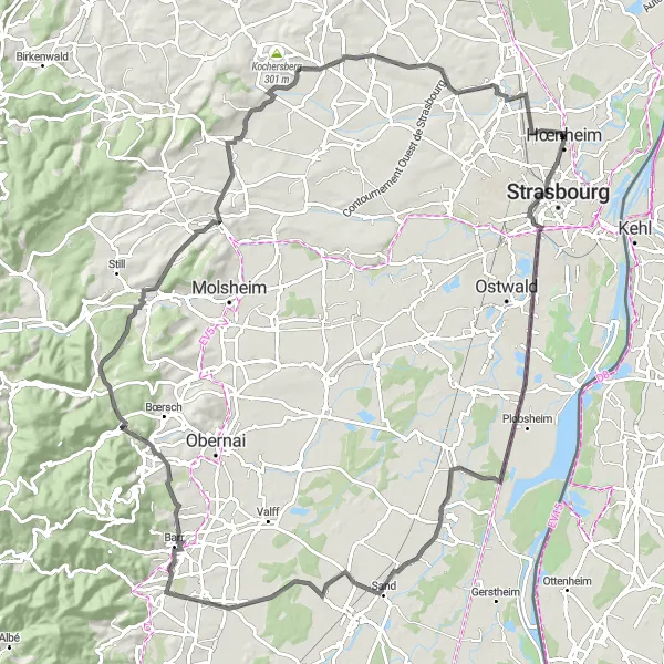 Miniature de la carte de l'inspiration cycliste "Parcours authentique en Alsace" dans la Alsace, France. Générée par le planificateur d'itinéraire cycliste Tarmacs.app