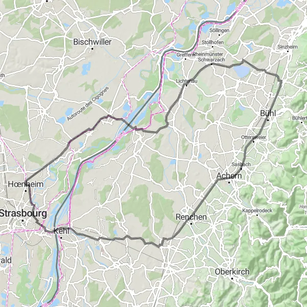 Miniature de la carte de l'inspiration cycliste "Les trésors d'Alsace à vélo" dans la Alsace, France. Générée par le planificateur d'itinéraire cycliste Tarmacs.app
