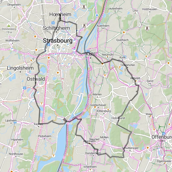 Miniature de la carte de l'inspiration cycliste "Parcours routier depuis Hœnheim" dans la Alsace, France. Générée par le planificateur d'itinéraire cycliste Tarmacs.app